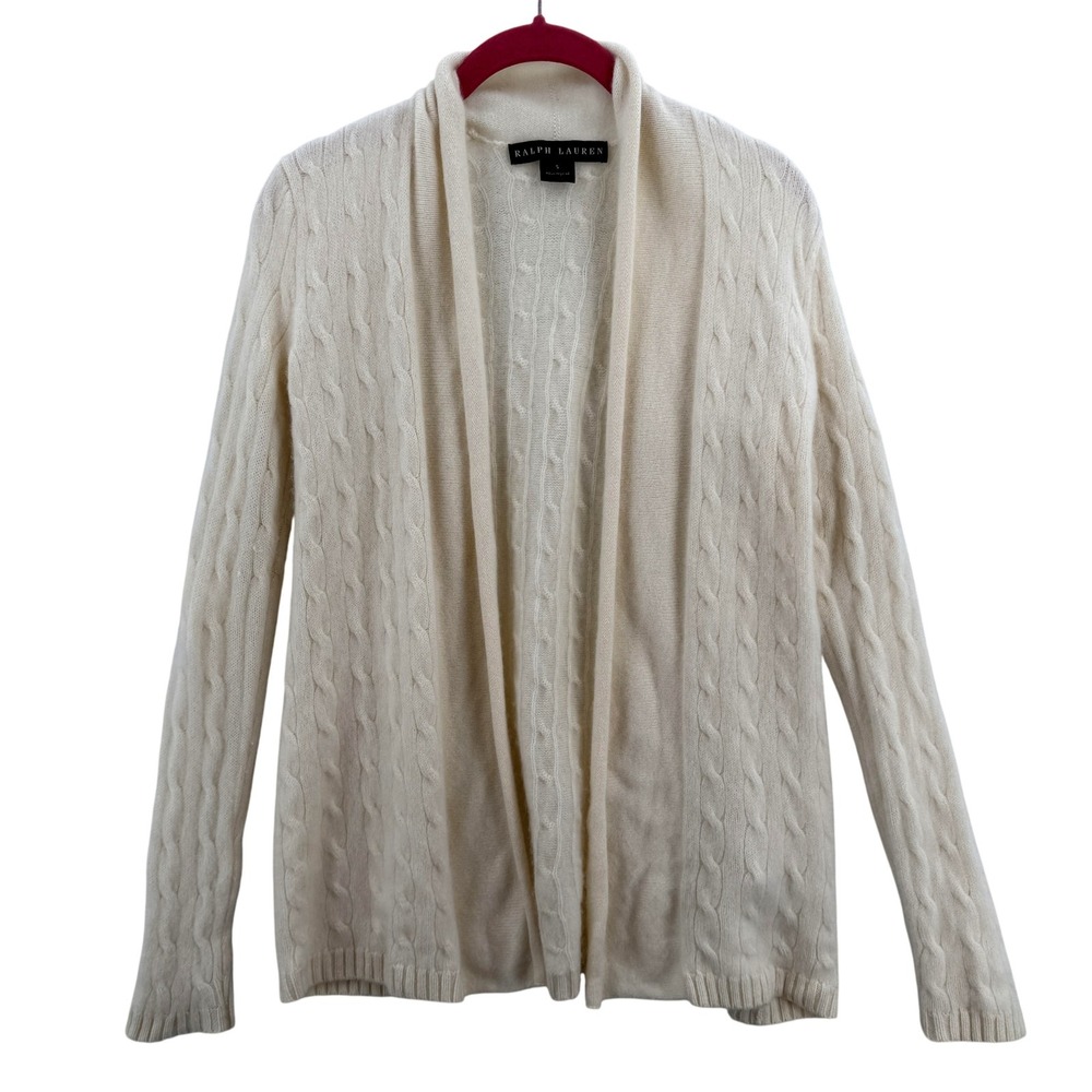 Ralph Lauren Sweater Womens Small Ivory Cashmere Open‎ Front Cable Knit Cardigan
